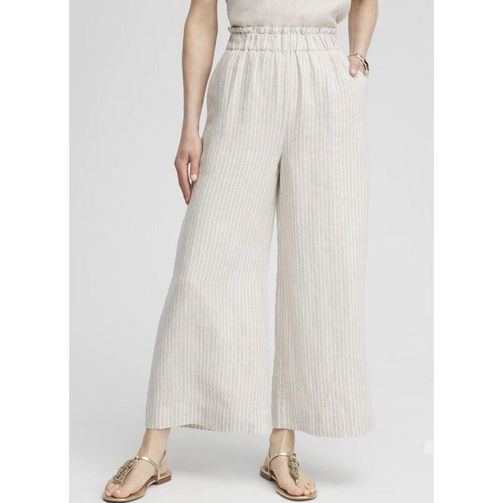 Chicos Linen Striped Culotte Pants Size 1.5/ US 10 - Tan/ Ivory